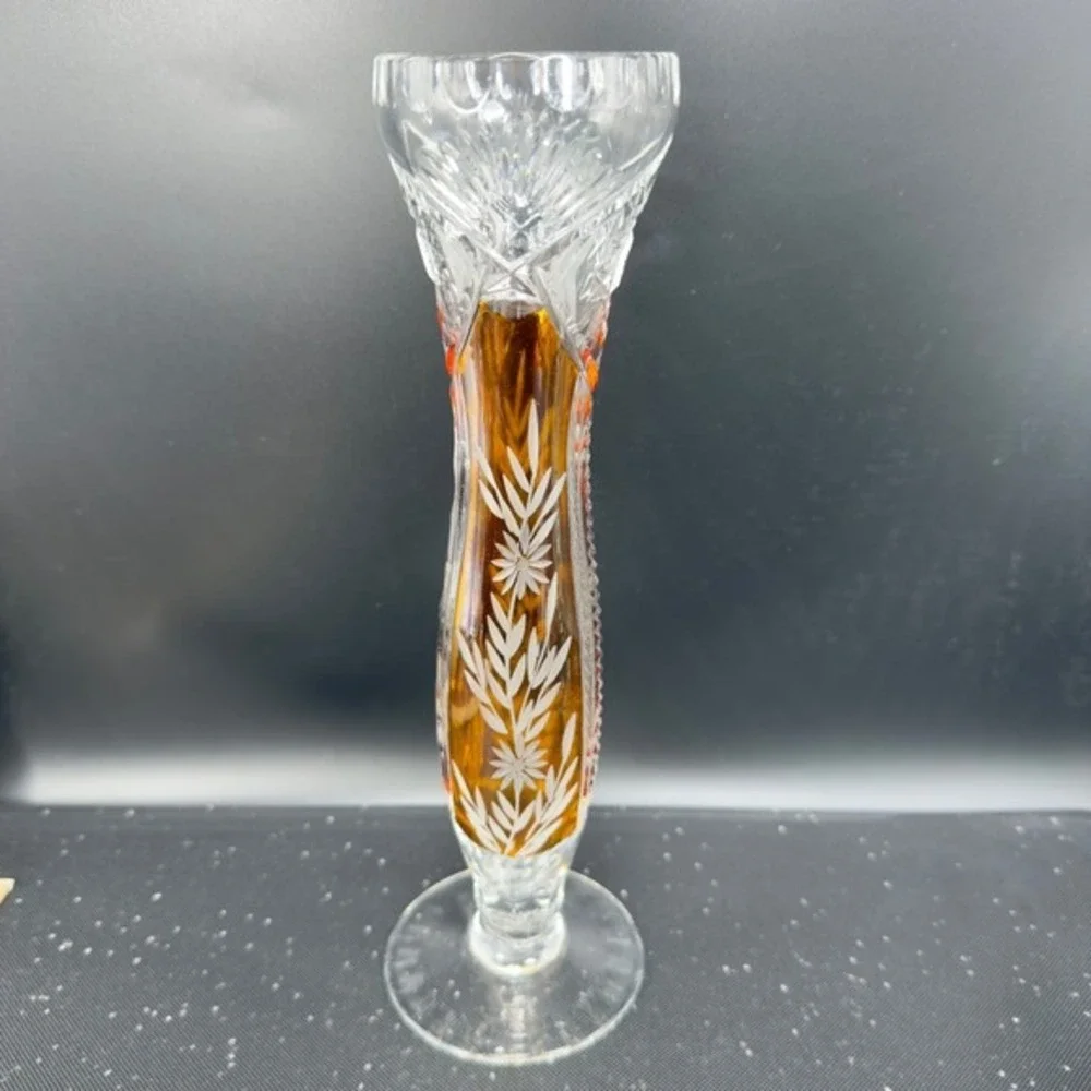 Vintage Bohemian Glass Amber‎ Cut to Clear Crystal Bud Vase Floral Wheat Pattern